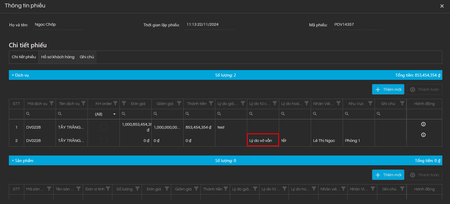 Thông tin KH không được hoàn tiền và có hiển thị lý do không hoàn tiền