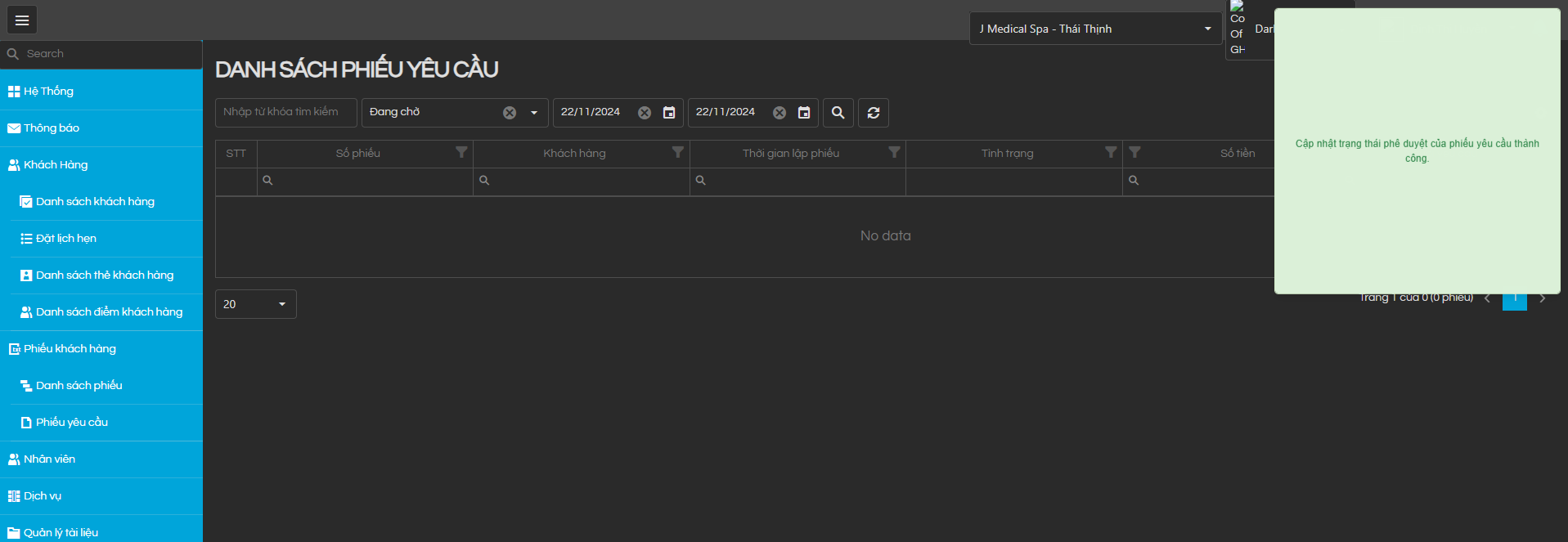 Hiển thị thông báo phê duyệt thành công