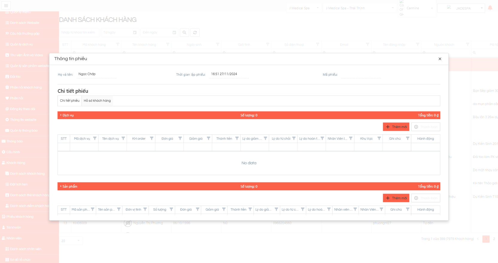 &nbsp; &nbsp; &nbsp; &nbsp; &nbsp; &nbsp; &nbsp; &nbsp; Ở popup Thông tin phiếu có thể chọn thêm mới Dịch vụ và thêm mới Sản phẩm