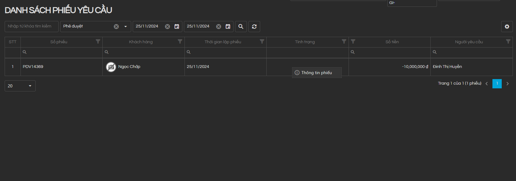 &nbsp; &nbsp; &nbsp; &nbsp; &nbsp; &nbsp; &nbsp; &nbsp; &nbsp; &nbsp; &nbsp; &nbsp; &nbsp; &nbsp;Click chuột phải vào tên KH chọn Thông tin phiếu
