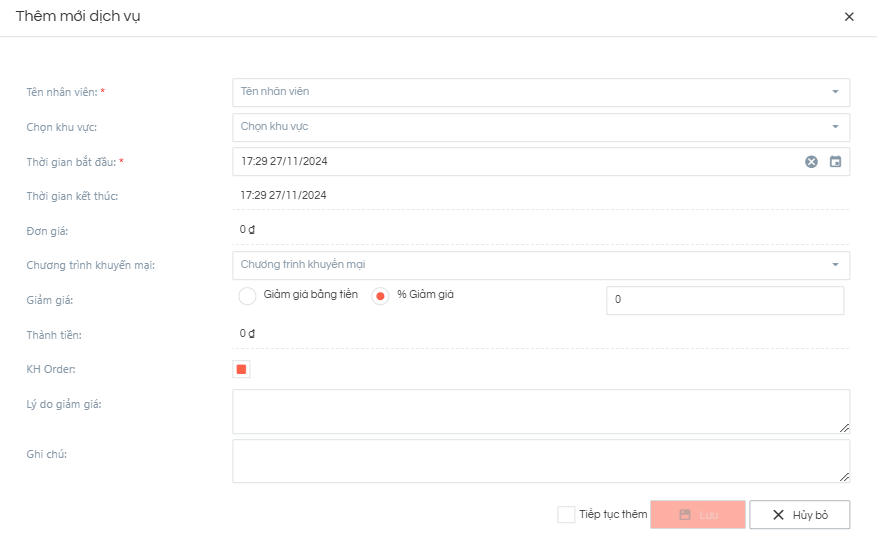 &nbsp; Ở popup này user nhập đầy đủ thông tin các trường sao đỏ rồi bấm Lưu để thêm mới Dịch vụ