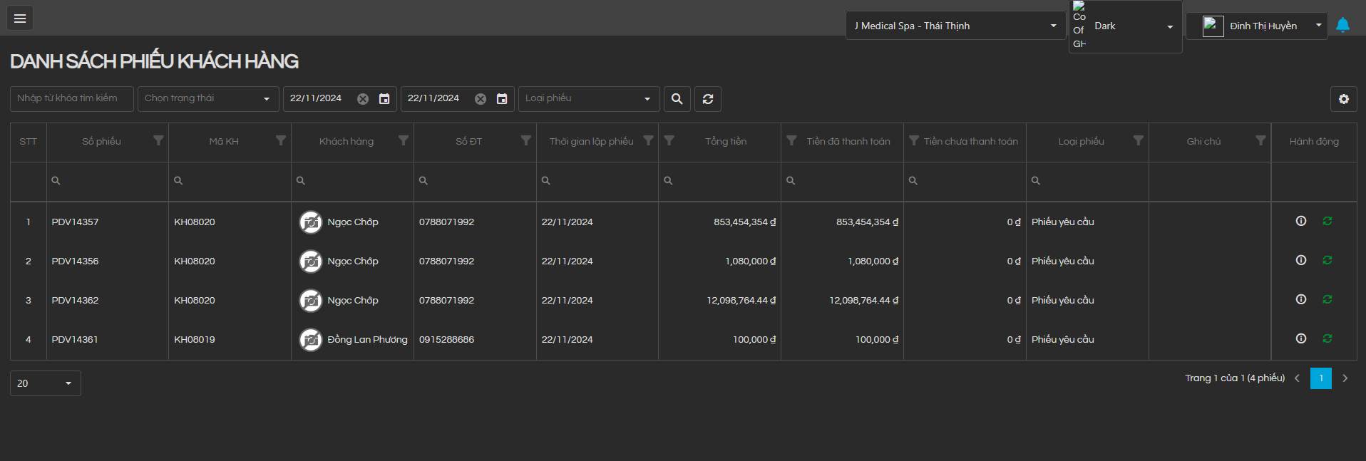 Trong trang Danh sách phiếu khách hàng sẽ hiển thị ra list danh sách KH đã đến sử dụng dịch vụ trong ngày. Cho phép tìm kiếm KH từ ngày đến ngày theo Số phiếu, Mã KH, Tên KH, Số ĐT, sau khi nhập xong thông tin cần tìm => click icon kính lúp để tìm kiếm